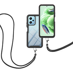Custodia Silicone e Plastica Opaca Cover Fronte e Retro 360 Gradi con Cinghia Cordino Mano per Xiaomi Redmi Note 12 5G Nero