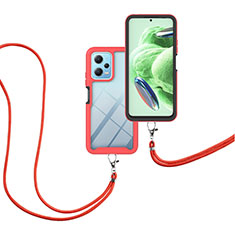 Custodia Silicone e Plastica Opaca Cover Fronte e Retro 360 Gradi con Cinghia Cordino Mano per Xiaomi Redmi Note 12 5G Rosso
