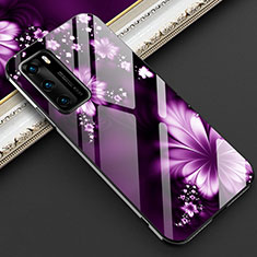 Custodia Silicone Gel Laterale Fiori Specchio Cover per Huawei P40 Viola