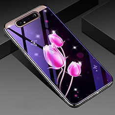 Custodia Silicone Gel Laterale Fiori Specchio Cover per Samsung Galaxy A80 Rosa Caldo