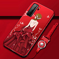 Custodia Silicone Gel Morbida Abito Ragazza Cover K01 per Huawei Nova 7 SE 5G Rosso