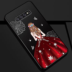 Custodia Silicone Gel Morbida Abito Ragazza Cover K01 per Samsung Galaxy S10 Rosso e Nero