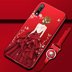 Custodia Silicone Gel Morbida Abito Ragazza Cover per Huawei Enjoy 10 Rosso