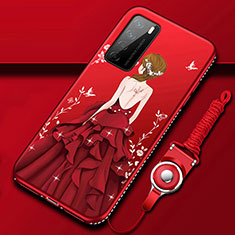 Custodia Silicone Gel Morbida Abito Ragazza Cover per Huawei Honor Play4 5G Rosso