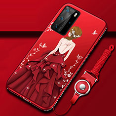 Custodia Silicone Gel Morbida Abito Ragazza Cover per Huawei P40 Pro Rosso