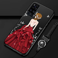 Custodia Silicone Gel Morbida Abito Ragazza Cover per Vivo X50 Pro 5G Rosso e Nero