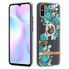 Custodia Silicone Gel Morbida Fantasia Modello Cover con Anello Supporto Y06B per Xiaomi Redmi 9A Ciano