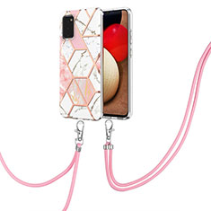 Custodia Silicone Gel Morbida Fantasia Modello Cover con Cinghia Cordino Mano Y01B per Samsung Galaxy A03s Rosa