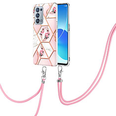 Custodia Silicone Gel Morbida Fantasia Modello Cover con Cinghia Cordino Mano Y02B per Oppo Reno6 Pro+ Plus 5G Rosa