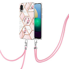 Custodia Silicone Gel Morbida Fantasia Modello Cover con Cinghia Cordino Mano Y02B per Samsung Galaxy M02 Rosa