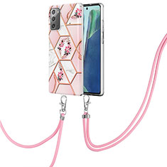 Custodia Silicone Gel Morbida Fantasia Modello Cover con Cinghia Cordino Mano Y02B per Samsung Galaxy Note 20 5G Rosa