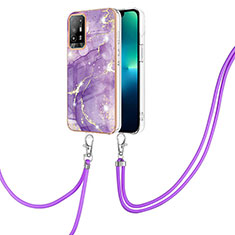 Custodia Silicone Gel Morbida Fantasia Modello Cover con Cinghia Cordino Mano Y05B per Oppo F19 Pro+ Plus 5G Viola