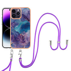 Custodia Silicone Gel Morbida Fantasia Modello Cover con Cinghia Cordino Mano Y07B per Apple iPhone 14 Pro Viola