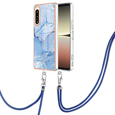 Custodia Silicone Gel Morbida Fantasia Modello Cover con Cinghia Cordino Mano YB7 per Sony Xperia 5 IV Blu