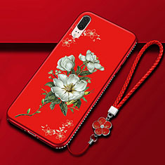 Custodia Silicone Gel Morbida Fiori Cover K03 per Huawei P20 Rosso