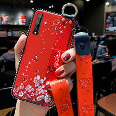 Custodia Silicone Gel Morbida Fiori Cover per Huawei Enjoy 10S Rosso