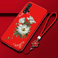 Custodia Silicone Gel Morbida Fiori Cover per Huawei Nova 5 Pro Rosso