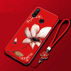 Custodia Silicone Gel Morbida Fiori Cover per Huawei P Smart+ Plus (2019) Rosso