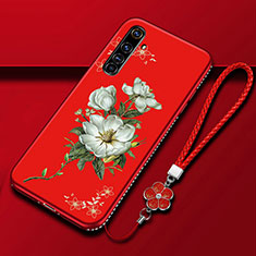 Custodia Silicone Gel Morbida Fiori Cover per Realme X50 Pro 5G Rosso