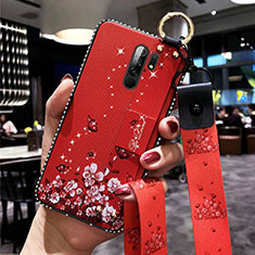 Custodia Silicone Gel Morbida Fiori Cover per Xiaomi Redmi 9 Rosso