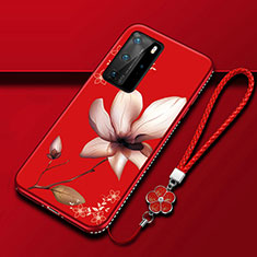 Custodia Silicone Gel Morbida Fiori Cover S01 per Huawei P40 Pro Rosso Rosa