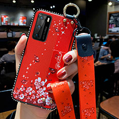 Custodia Silicone Gel Morbida Fiori Cover S02 per Huawei P40 Rosso