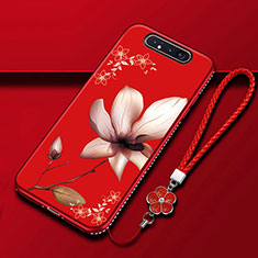 Custodia Silicone Gel Morbida Fiori Cover S06 per Samsung Galaxy A80 Rosso Rosa