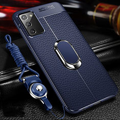Custodia Silicone Morbida In Pelle Cover con Magnetico Anello Supporto N02 per Samsung Galaxy Note 20 5G Blu