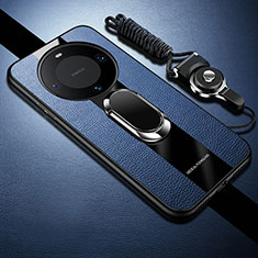 Custodia Silicone Morbida In Pelle Cover con Magnetico Anello Supporto PB1 per Huawei Mate 60 Blu