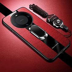 Custodia Silicone Morbida In Pelle Cover con Magnetico Anello Supporto PB1 per Huawei Mate 60 Pro+ Plus Rosso
