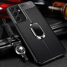 Custodia Silicone Morbida In Pelle Cover con Magnetico Anello Supporto per Samsung Galaxy S21 Ultra 5G Nero