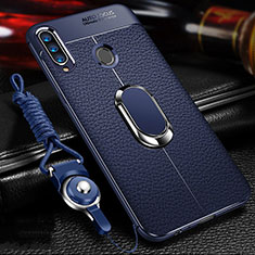 Custodia Silicone Morbida In Pelle Cover con Magnetico Anello Supporto S01 per Samsung Galaxy A20s Blu