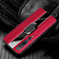 Custodia Silicone Morbida In Pelle Cover con Magnetico Anello Supporto S01 per Xiaomi Mi 10 Pro Rosso