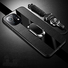 Custodia Silicone Morbida In Pelle Cover con Magnetico Anello Supporto S01 per Xiaomi Mi 11 Lite 4G Nero