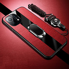 Custodia Silicone Morbida In Pelle Cover con Magnetico Anello Supporto S01 per Xiaomi Mi 11 Lite 5G NE Rosso