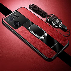 Custodia Silicone Morbida In Pelle Cover con Magnetico Anello Supporto S01 per Xiaomi Mi 13T 5G Rosso