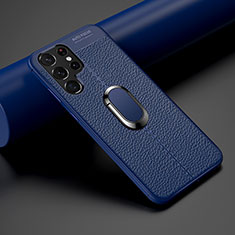 Custodia Silicone Morbida In Pelle Cover con Magnetico Anello Supporto S02 per Samsung Galaxy S22 Ultra 5G Blu