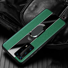 Custodia Silicone Morbida In Pelle Cover con Magnetico Anello Supporto S04 per Huawei P40 Pro+ Plus Verde