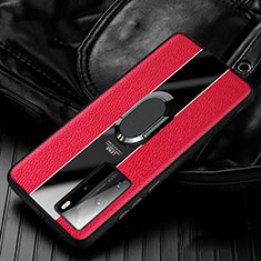 Custodia Silicone Morbida In Pelle Cover con Magnetico Anello Supporto S04 per Huawei P40 Pro Rosso