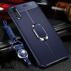 Custodia Silicone Morbida In Pelle Cover con Magnetico Anello Supporto T01 per Huawei P20 Pro Blu