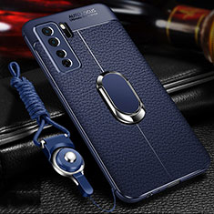 Custodia Silicone Morbida In Pelle Cover con Magnetico Anello Supporto T02 per Huawei Nova 7 SE 5G Blu
