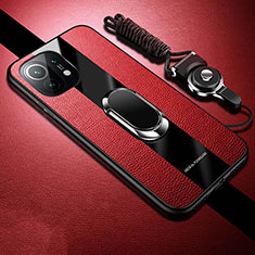 Custodia Silicone Morbida In Pelle Cover con Magnetico Anello Supporto T02 per Xiaomi Mi 11 Lite 4G Rosso