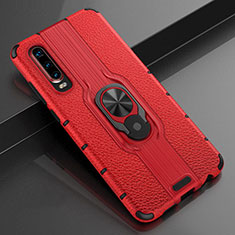 Custodia Silicone Morbida In Pelle Cover con Magnetico Anello Supporto T04 per Huawei P30 Rosso