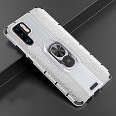 Custodia Silicone Morbida In Pelle Cover con Magnetico Anello Supporto T06 per Huawei P30 Pro Argento