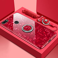 Custodia Silicone Specchio Laterale Cover con Magnetico Anello Supporto M01 per Huawei Enjoy 8e Rosso