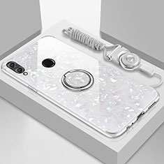 Custodia Silicone Specchio Laterale Cover con Magnetico Anello Supporto per Huawei Y9 (2019) Bianco
