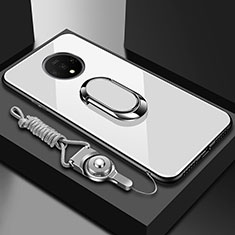 Custodia Silicone Specchio Laterale Cover con Magnetico Anello Supporto per OnePlus 7T Bianco