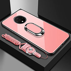 Custodia Silicone Specchio Laterale Cover con Magnetico Anello Supporto per OnePlus 7T Oro Rosa
