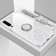 Custodia Silicone Specchio Laterale Cover con Magnetico Anello Supporto T01 per Huawei P30 Bianco