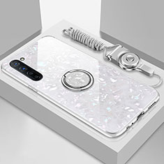 Custodia Silicone Specchio Laterale Cover con Magnetico Anello Supporto T01 per Oppo F15 Bianco
